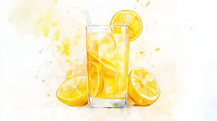 Watercolor illustration of non-alcoholic drinks on white background. Watercolor Illustration of lemon juice, lemonade.