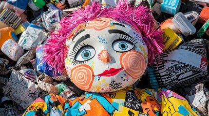 Fototapeta premium Colorful Puppet With No Strings Discarded Among Vibrant Craft Materials Highlighting Themes Of Abandonment And Creativity