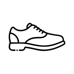 black outline icon of golf shoe with laces and grip sole, minimal sport footwear design, equipment symbol for golf tournament player
