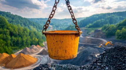 Naklejka premium Yellow Bucket Hanging Above a Mountainous Construction Site
