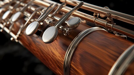 Fototapeta premium Detailed close-up view of a wooden wind instrument's mechanism.