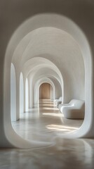 Fototapeta premium Arched Elegance: A Serene Hallway with Light Play and Minimalist Design, Featuring Textured Walls, Seamless Arches, and Modern Sofas for a Tranquil Atmosphere.