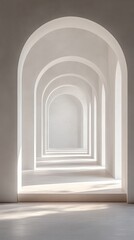 Elegant White Arches: A Minimalist Architectural Perspective, Revealing a Serene and Bright Interior with a Series of Receding Arched Openings.
