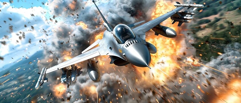 A high-performance military fighter jet losing control, rapidly descending in a spiraling motion and hurtling towards the ground below