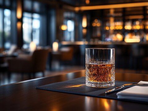 Elegant whiskey indulgence at upscale dining spot, a serene retreat
