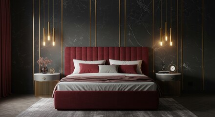 Luxurious bedroom with a red velvet bed, marble wall, and gold accents
