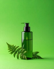 Fototapeta premium A clear glass bottle filled with vibrant green liquid sits elegantly beside fresh green leaves, showcasing a natural and refreshing aesthetic.