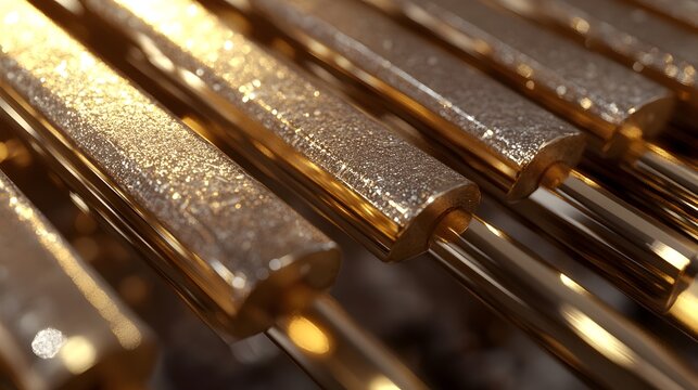Close-up view of parallel metallic bars with textured surfaces.