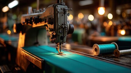 Fototapeta premium Nostalgic vintage sewing machine with turquoise fabric in workshop