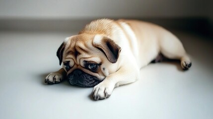 A fawn-colored pug puppy resting sadly on a light surface.