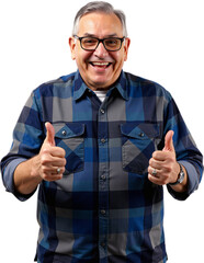 Cheerful elderly man in plaid shirt, giving thumbs up, joyful expression.
