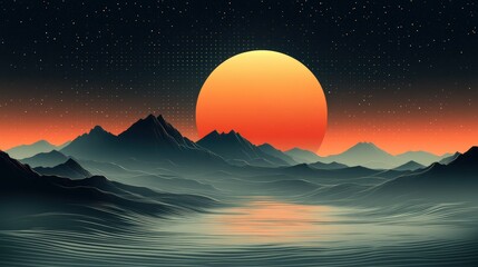 Fototapeta premium Surreal Mountain Landscape with Bright Sunset and Starry Sky