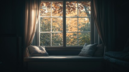 Fototapeta premium Autumnal window seat, warm sunlight streams through a window with autumn leaves outside, illuminating a cozy window seat with soft cushions