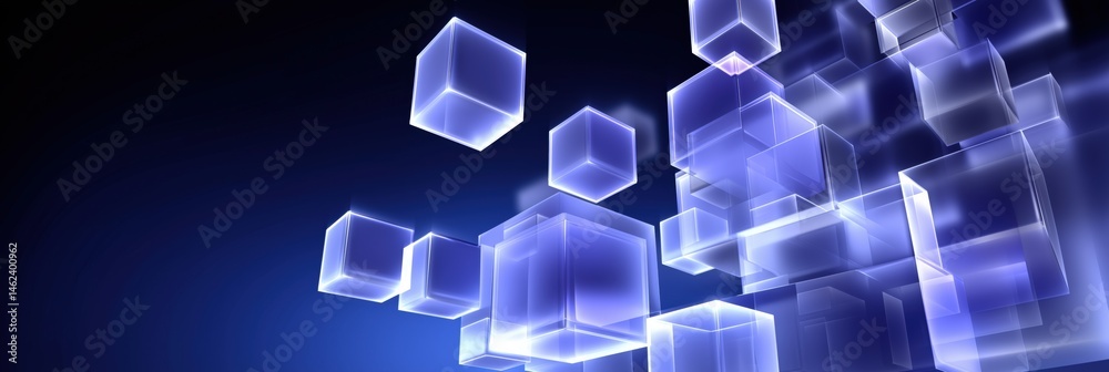 Poster a blue background with many cubes of different sizes. the cubes are all clear and appear to be float