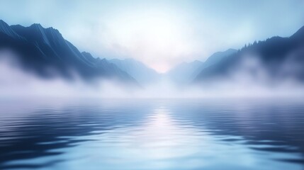 Fototapeta premium Serene View of Silver-Tinted Fog Rolling Over a Tranquil Lake Surrounded by Majestic Mountains