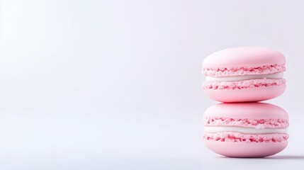 Fototapeta premium Two pink macarons stacked on top of each other against a minimalist white background, showcasing delicate texture and pastel color, and close-up view.