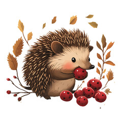 A Cartoon Hedgehog Nibbling on a Berry Soft Browns Isolated on Transparent Background