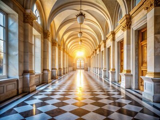 Sunlit Marble Hallway: Grand Architecture, Columns, Arches, Aerial View
