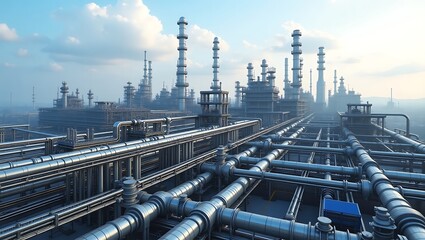 Fototapeta premium Complex Industrial Landscape Featuring Extensive Piping and Tower Structures