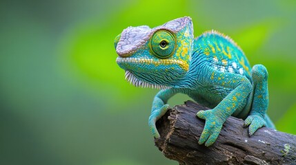 Vibrant Chameleon Perched on Branch, Close-up Exotic Pet Portrait