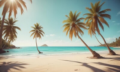 Obraz premium Sun-drenched palm trees, soft sand, turquoise ocean Vintage film grain , flare, ocean waves