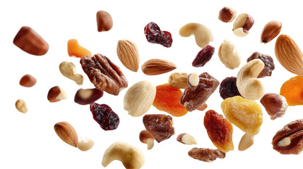 Nuts and Dried Fruits Flying in the Air on Transparent Background

