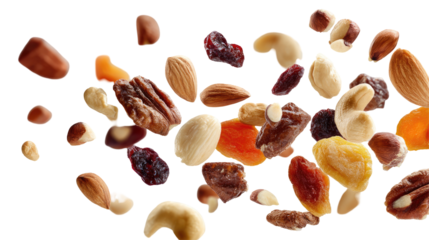 Nuts and Dried Fruits Flying in the Air on Transparent Background

