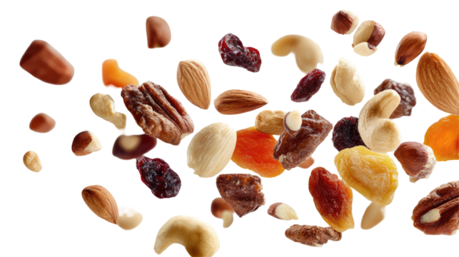 Nuts and Dried Fruits Flying in the Air on Transparent Background

