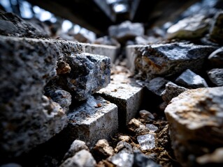 Fototapeta premium Close-up of broken grey and brown concrete rubble with crystalline fragments and rough texture