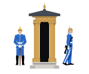 Swedish Royal Guards standing near Sentry Box. Royal Stockholm Palace, Sweden