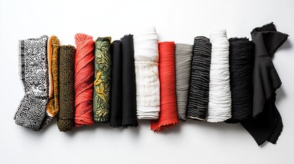 Rolled fabric samples in various colors and patterns.