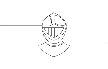 Continuous one line drawing of roman warrior helmet mask, Knight helmet isolated on white background. Line art helmet. One line continuous vector illustration.