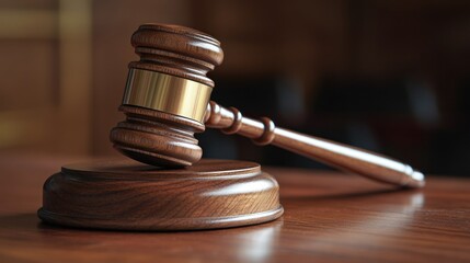 Wooden gavel on courtroom table