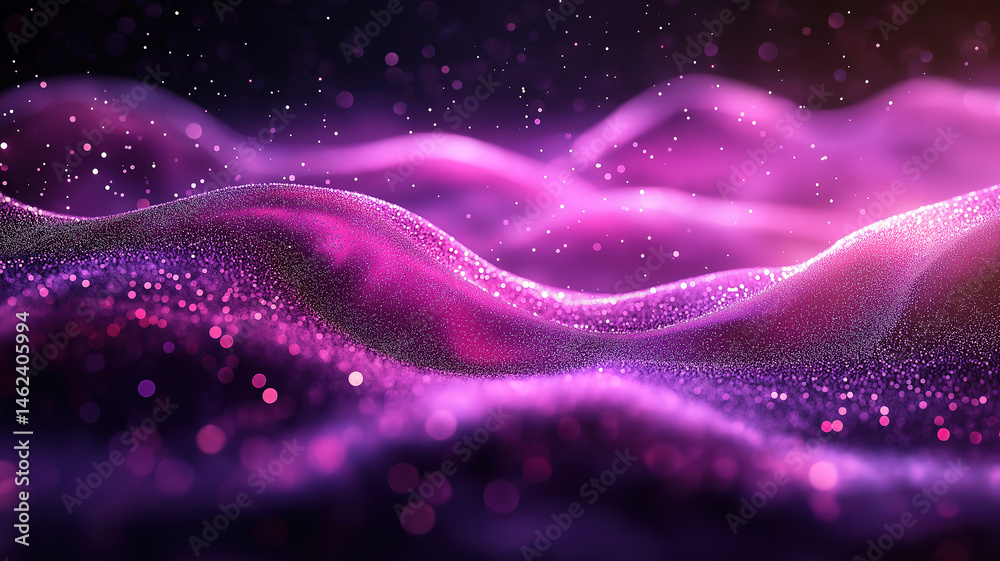 Wall mural shining digital dots and light particles in a wave pattern on a vibrant purple abstract backdrop