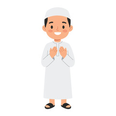 Illustration of a happy muslim boy in traditional attire offering prayer gesture