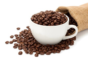 Fototapeta premium Coffee beans in white cup with burlap bag