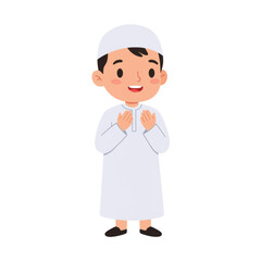 Cartoon illustration of a young Muslim boy in traditional clothing praying sincerely