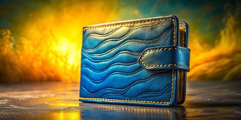 Surreal Blue Leather Wallet with Yellow Stitching & Card Slots - Stock Photo