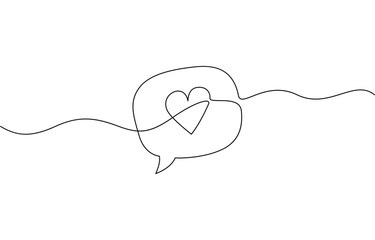  Continuous line speech bubbles drawing, bubble chat with a heart continuous one line art, Single line drawing of speech bubbles. Simple continuous one line bubble chat with a heart.