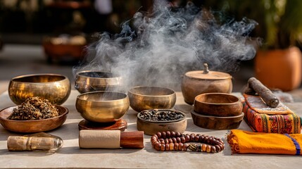 garden where meditation tools like singing bowls, prayer beads, and incense float gently in air