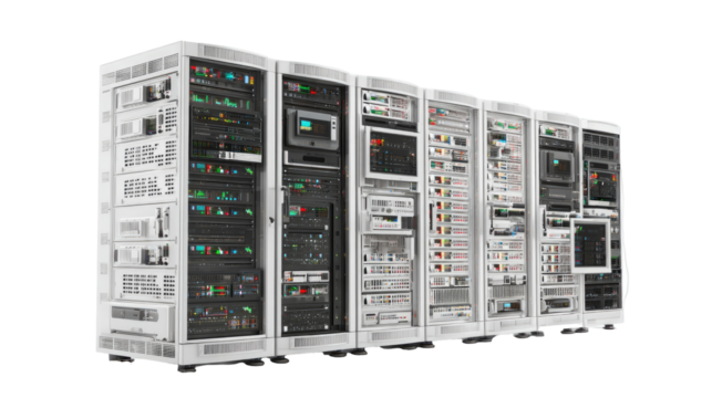Server Rack with Servers and Blue LED Lights Transparent Background

 - Powered by Adobe