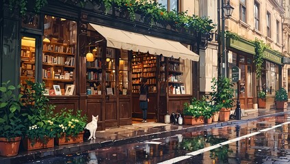 Charming bookstore exterior on a wet city street with glowing window displays and a white cat