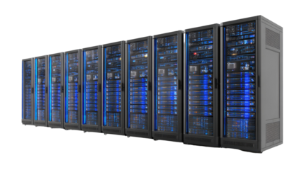 Server Rack with Servers and Blue LED Lights Transparent Background

