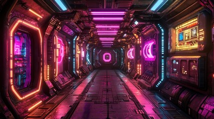Futuristic corridor bathed in vibrant neon lights