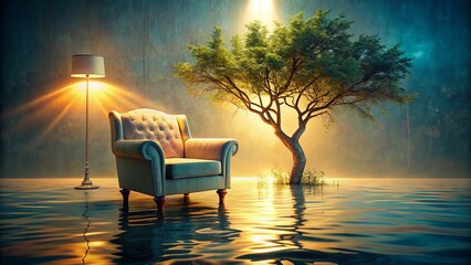 Fototapeta premium Surreal Cozy Flooded Room: Armchair, Tree, Lamplight, Ethereal Atmosphere