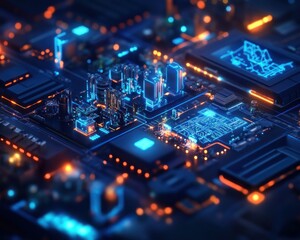 Obraz premium Futuristic city on a glowing circuit board