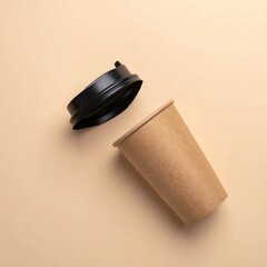 A steaming coffee cup with an open lid, revealing rich, dark coffee inside, sits on a wooden table, surrounded by scattered coffee beans.