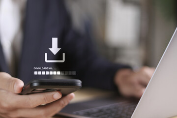 Businessman downloading organizational information or documents. cloud storage technology, backup cyber security system, cyber security, document downloading.