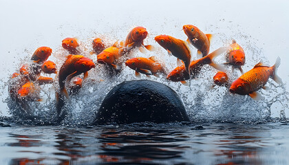 Koi fish jumping in water splash