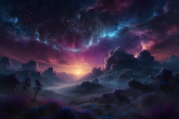 Naklejka premium Dreamlike Sunset Landscape Under a Starry Nebula Sky